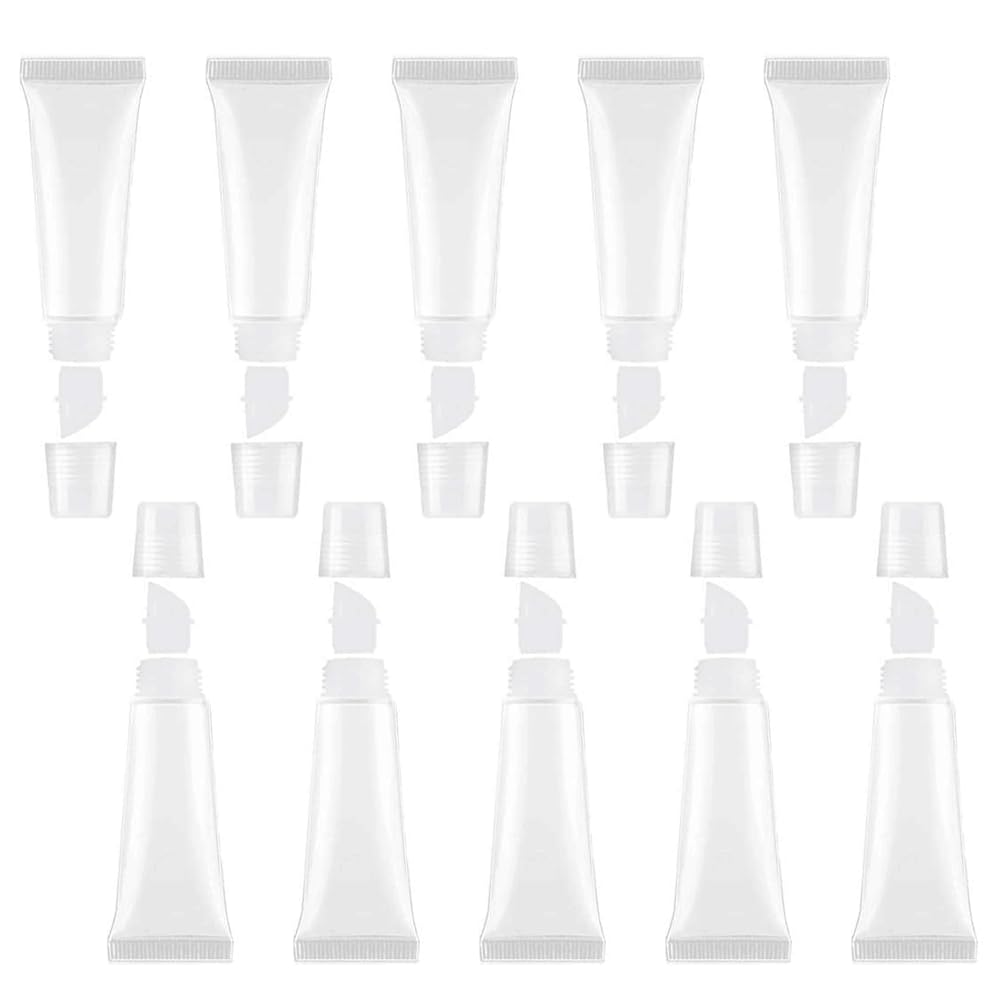 JIAKAI 10ml Mini Clear Refillable Empty Tubes Lip Gloss Balm Container,Soft Tubes Makeup Box,Shampoo Samples Empty Tubes with Screw Cover (10pcs)