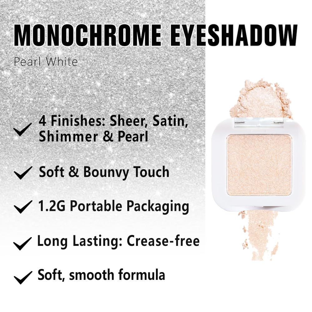 White Pearl Glitter Single Eyeshadow Palette - Single Shimmer Eye Shadow in Pearl White, Natural Highly Pigmented, Blendable Monochrome Powder Eye Shadow, Eyeshadow Palette Gift for Girls Women