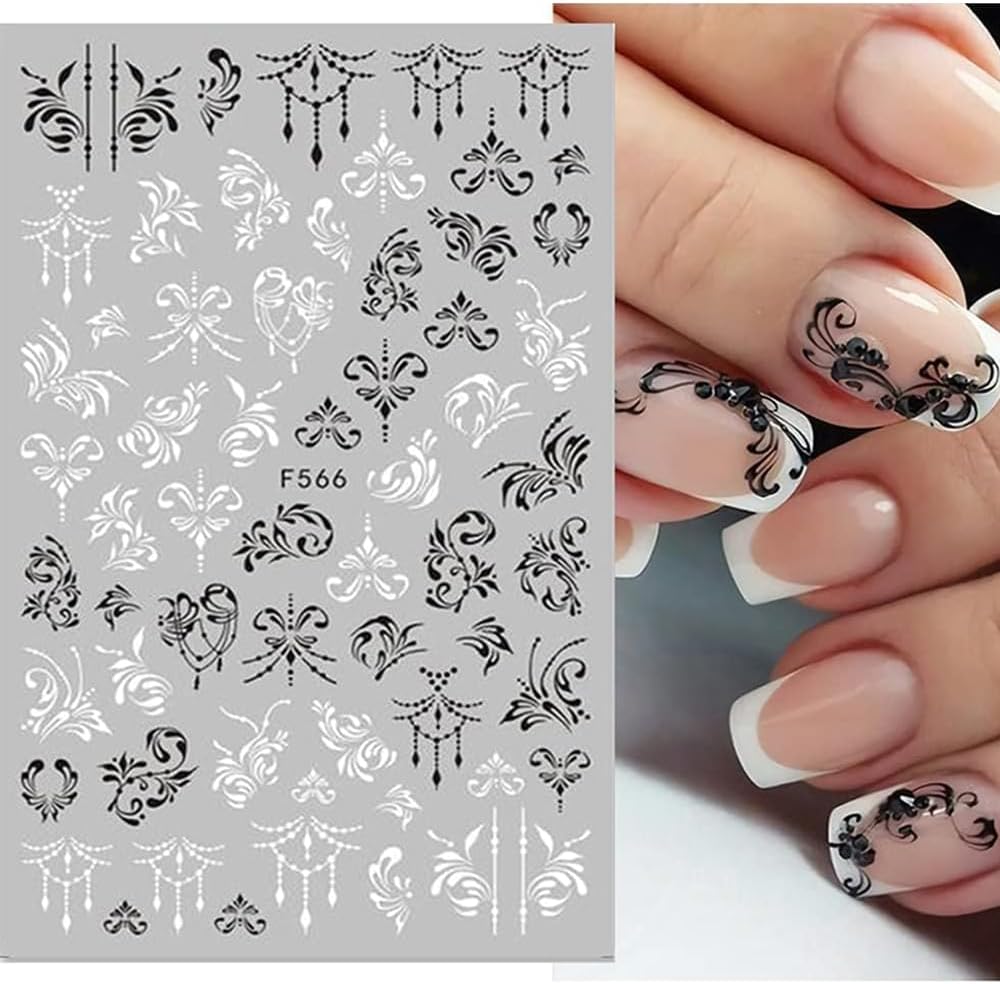 10 Sheets Black White Leaves Flower Nail Art Stickers 3D Self-Adhesive Retro Floral Vine Pattern Nail Decals Tropical Plants Mandala Leaf Geometry Transfer Decals Nail Art Decorations for Women Girls
