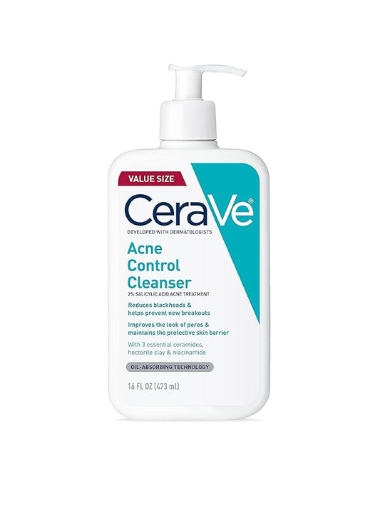 CeraVe Acne Control Cleanser, 2% Salicylic Acid Treatment Formulated With Niacinamide + Ceramides + Oil Absorbing Clay, Gentle Face Wash Helps Clear & Prevent Acne, Fragrance Free, 16 Ounce