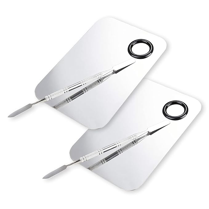2 Pcs Makeup Mixing Palette, Upgrad Stainless Steel Metal Foundation Palette with Spatula Artist Tool for Mixing Foundation Nail-Art 5.9x3.9 in