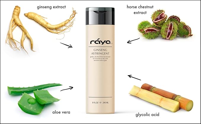 RAYA Ginseng Astringent with AHA 6 oz (G-205) | Gentle Glycolic Facial Toner for Dry and Sensitive Skin | Helps Tighten Pores, Smooth Complexion, and Reduce Fine Lines | Made with Alpha Hydroxy Acids