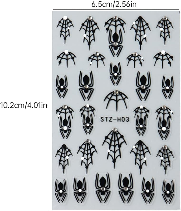 3 Sheets Halloween Nail Art Stickers Black Spider Nail Stickers for Nail Art 3D Self-Adhesive Black Spider Web with Diamond Design Halloween Nail Charms Goth Decorations for Women DIY