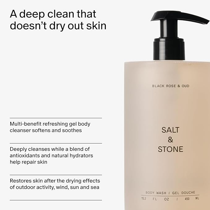 Salt & Stone Body Wash with Antioxidants for Deep Moisture | For Women & Men, Sulfate, Paraben, & Dye Free, Leaving Skin Soft and Hydrated | Black Rose & Oud 32 fl oz