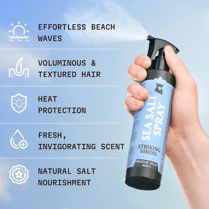 Striking Viking Sea Salt Spray for Men - Strong Hold - 200ml (6.76 Fl Oz) Blue Ocean - Texturizing, Volumizing & Curl Enhancing - Paraben Free - Sea Salt Spray for Hair Women