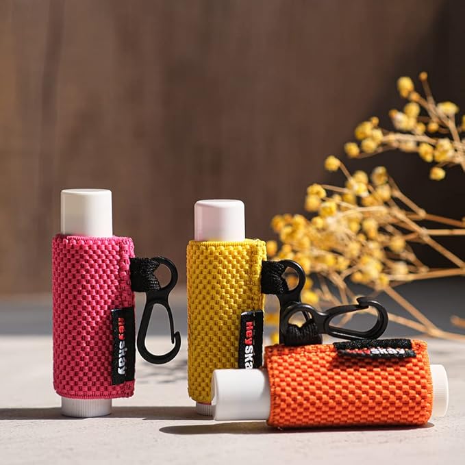 3PCS Lip Balm Holder Sleeves Keychain Chapstick Holder Lip Gloss Holder Keychain Chapstick Elastic Sleeves(Beige/Grey/Orange)