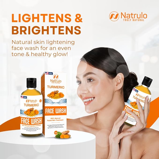 Natrulo Turmeric Face Wash, 4oz Clear Skin Liquid Soap – 100% Natural Anti Aging Exfoliating Turmeric Facial Cleanser for Fading Spots, Clearing Acne Scars, Age Spots, Sun Damage, Discoloration