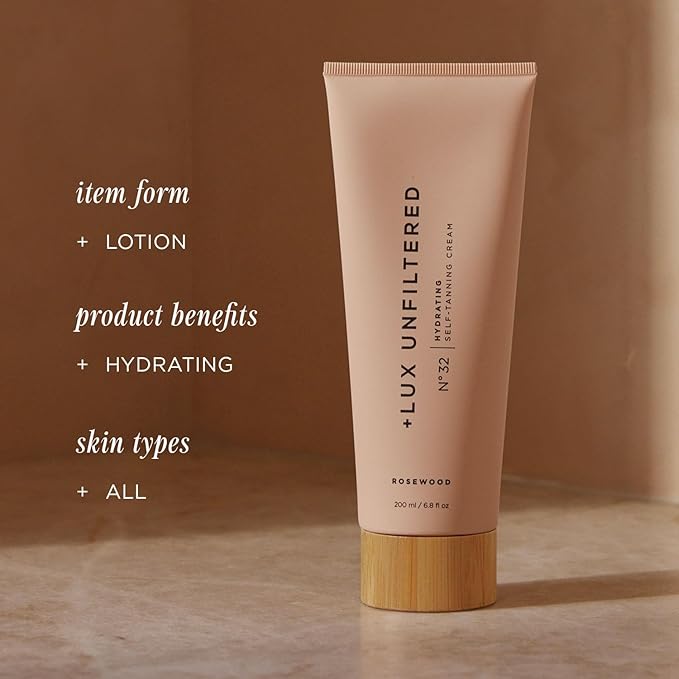 '+ Lux Unfiltered N°32 Gradual Self Tanner, Hydrating Self Tanning Lotion with Shea Butter & Squalane - Non-Sticky, No Transfer, Natural-Looking Tan - Vegan & Cruelty-Free Sunless Tanner - Rosewood