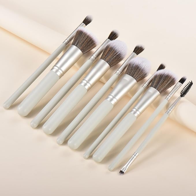 10 Piece Makeup Brushes - Grayish Green Wooden Handle with Soft Synthetic Bristles,for Face & Eye Makeup|Professional Makeup Brushes set for Women & Girls|