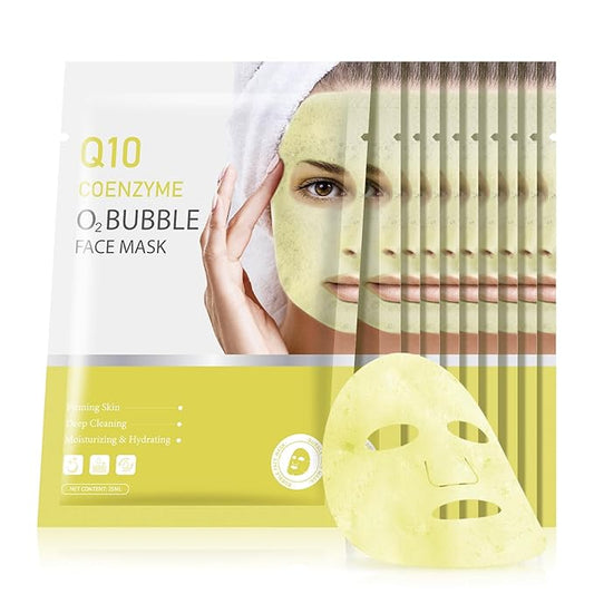 10 Sheets Coenzyme Q10 O2 Bubble Masks for Face, Bubble Face Mask Skincare for All Skin Types, Deep Cleansing Moisturizing Facial Mask Skin Care for Pores, Firming, Purifying, Sheet Masks for Spa