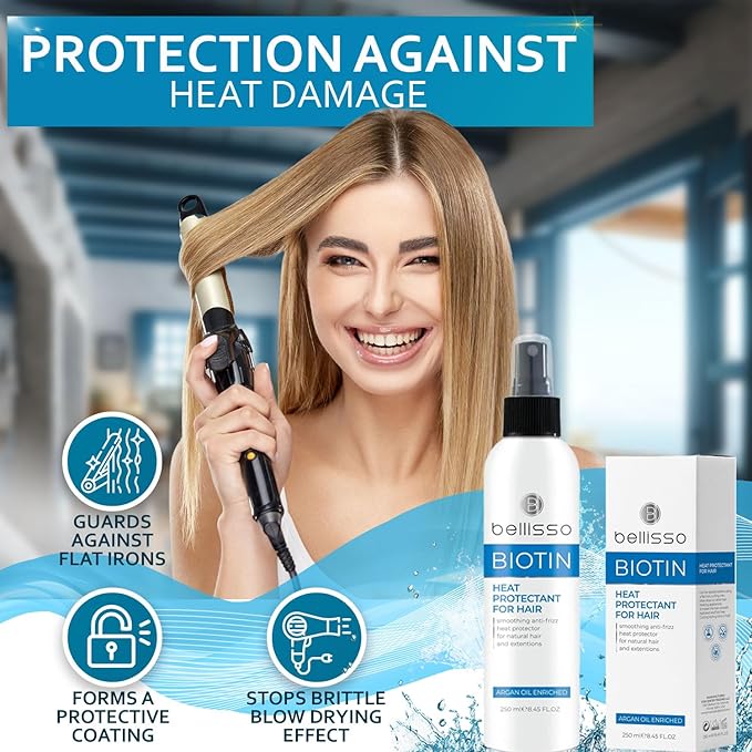Biotin Heat Protection Hair Spray with Moroccan Argan Oil - Thermal Resistant Styling Products for Women - Frizzy, Black and Curly Hair - Anti Frizz, Leave In Conditioner - Flat Iron and Blow Dry