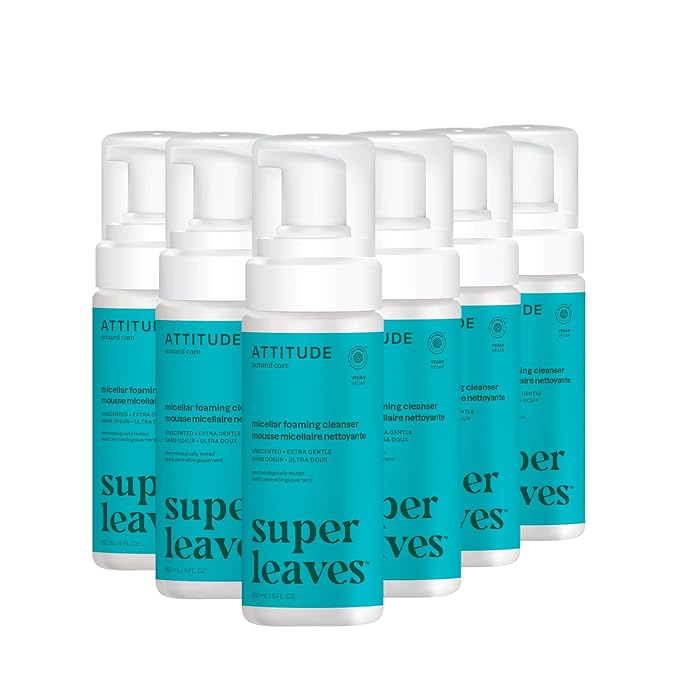 ATTITUDE Micellar Foaming Facial Cleanser, EWG Verified, Dermatologically Tested, Plant and Mineral-Based, Vegan, Unscented, 5 Fl Oz (Pack of 6)