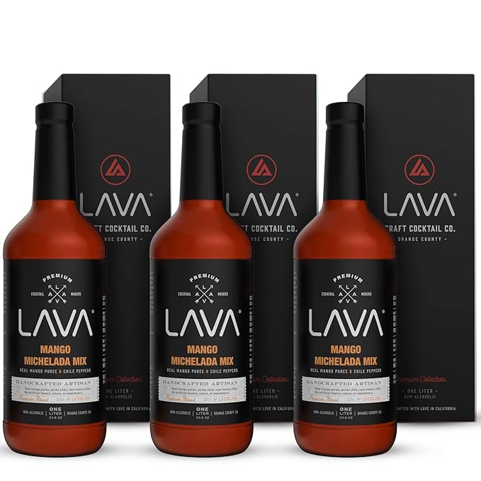 (3-Pack) LAVA Premium Mango Michelada Mix Made With Real Mango Puree, Ancho Chile Peppers, New Mexico Chile, Tamarind, Vegan, 1-Liter (33.8oz) Glass Bottle, Ready to Use