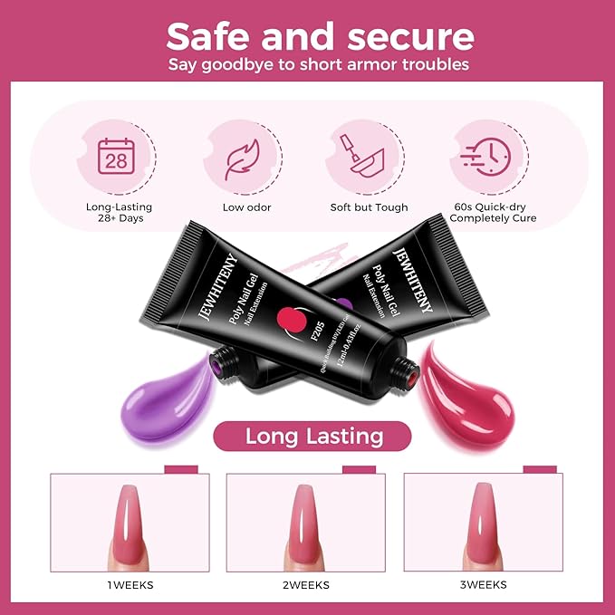 JEWHITENY 28 Colors Poly Nail Gel Kit with Base Top Coat Purple Blue Yellow Nude Pink Glitter Shades Quick-Dry for Beginners DIY Need U V Lamp Curing