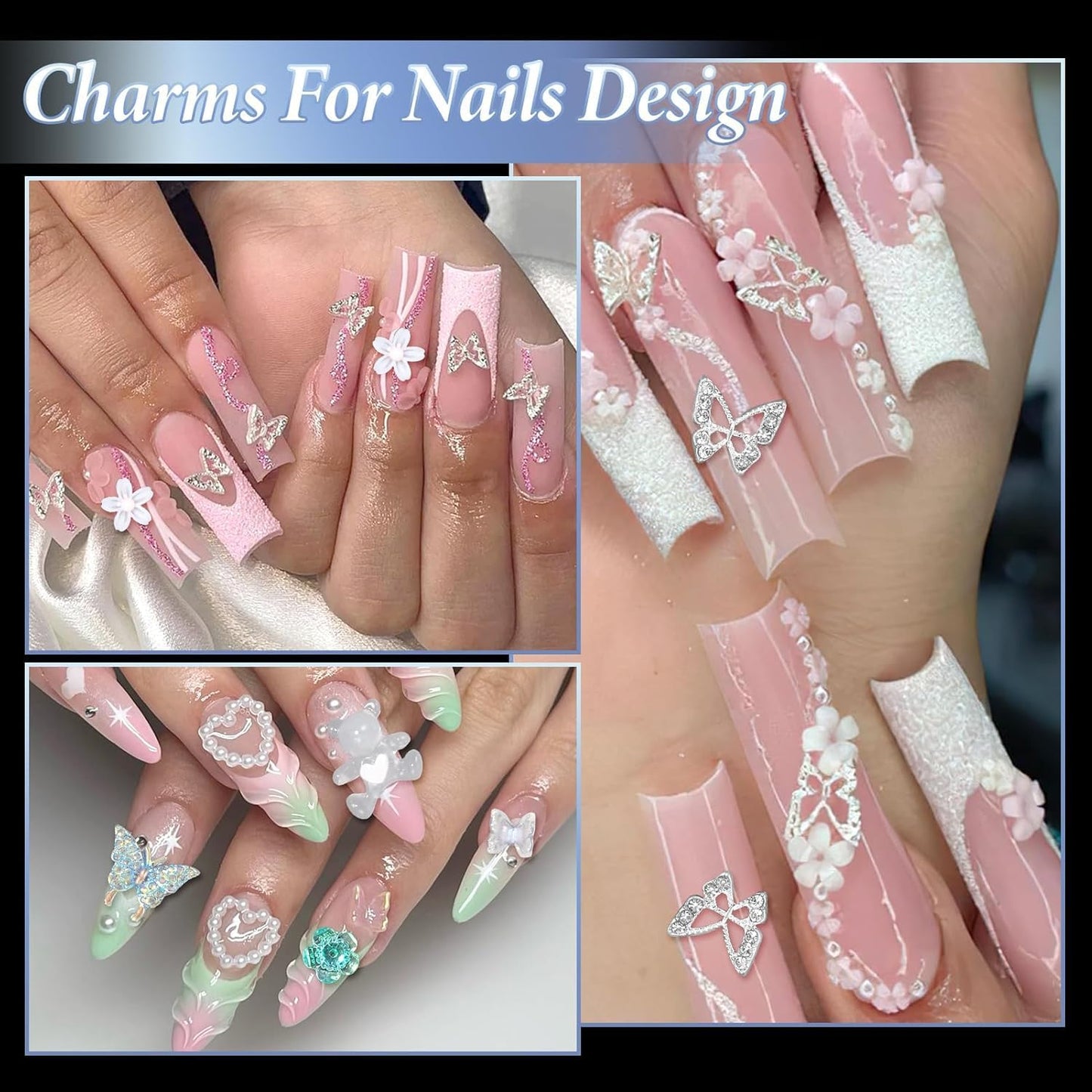 3D Nail Charms and Gems, Mix Flower Bow Heart Colorful Acrylic Nail Art Charms, Mix Nail Pearl Rhinestones and Caviar Beads for Nails, Cute Hollow Pearls Jewelry for Art Design DIY Crafts