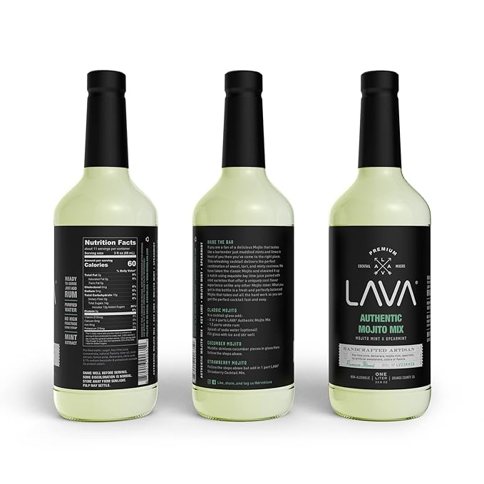 (3 Pack) LAVA Premium Authentic Mojito Mix, Made with Real Lime Juice, Mojito Mint, Spearmint, Demerara, Cane Sugar, Refreshing Rum Mojito Mixer. Ready to Use. 1-Liter (33.8oz) Glass Bottle