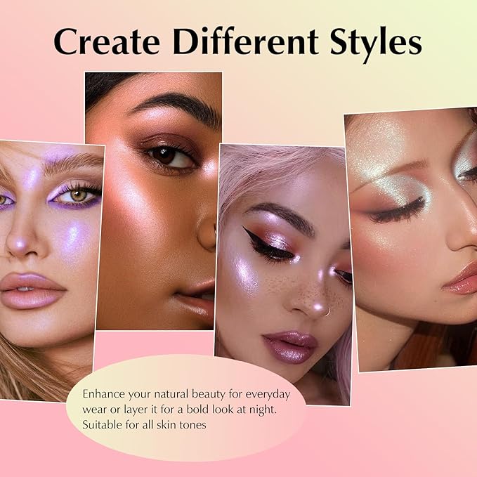 Rose Gold Glitter Eyeshadow Palette, Multichrome Chameleon Cream to Powder Eye Shadow, Color Shifting Holographic Eyeshadow Shimmer Inner Corner Eye Brightener Highlighter Makeup