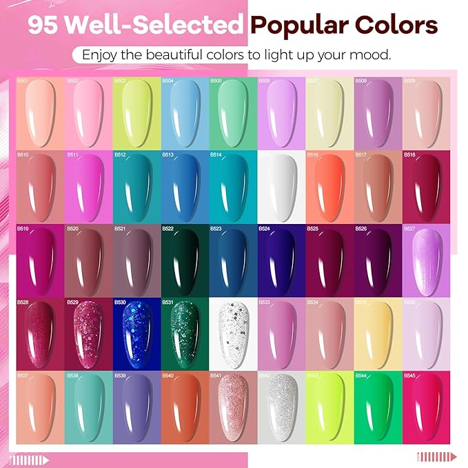 JODSONE 100 PCS Gel Nail Polish Starter Kit with U V Light 95 Colors Macarons Combined with Dark Colors Nail Gel No Wipe Base Coat Top Matte Coat Long Lasting Shine