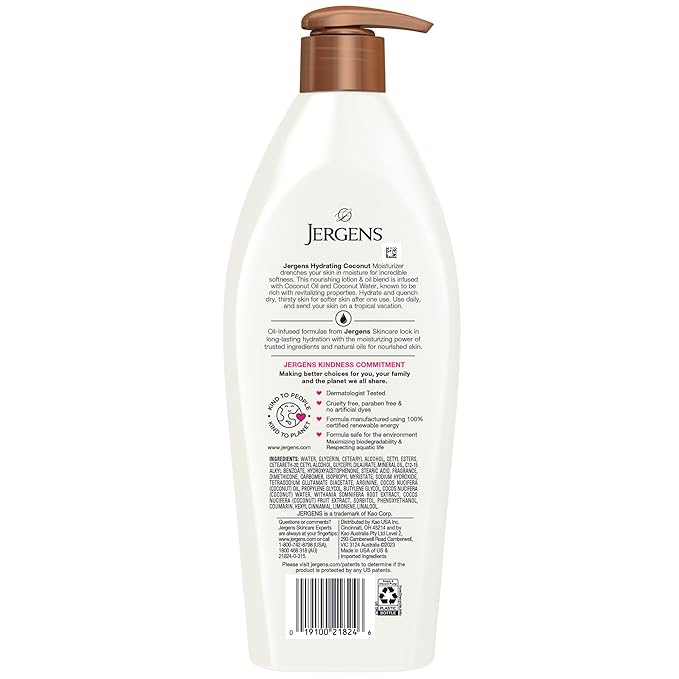 Jergens Hydrating Coconut Body Lotion, Hand and Body Moisturizer, Infused with Coconut Oil, Hydrates Dry Skin Instantly, Dermatologist Tested, 16.8 oz