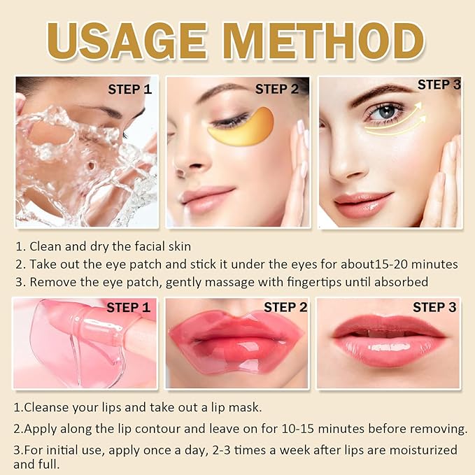 20 Pieces Lip Masks&24K Gold Under Eye Masks,Crystal Collagen Gel Eye Masks,Moisturizing Cherry Blossom Lip Patches Skin Care,Reducing Fine Lines & Dark Circle for Puffy Eyes,Birthday for Women