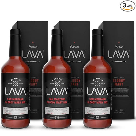 (3 Pack) LAVA Premium Bloody Mary Mix; Italian San Marzano Tomatoes, No Artificial Sweeteners, Vegan, Ready to Use, No Added Sugar, 1-Liter (33.8oz) Glass