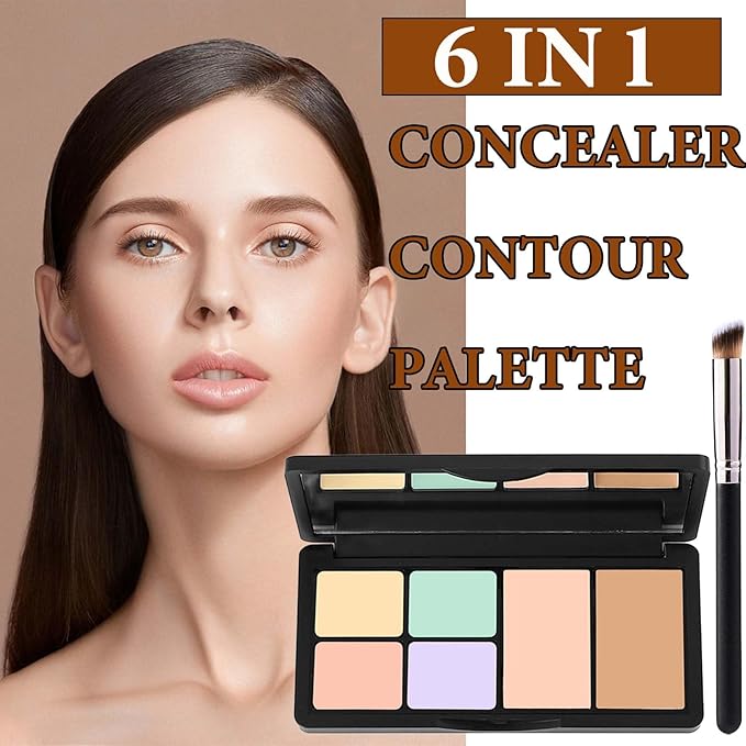 6 Colors Correcting Concealer Contour Palette,Concealer Cream Contour Makeup Palette,Contouring Foundation Highlighting Makeup Kit with Brush(01#)