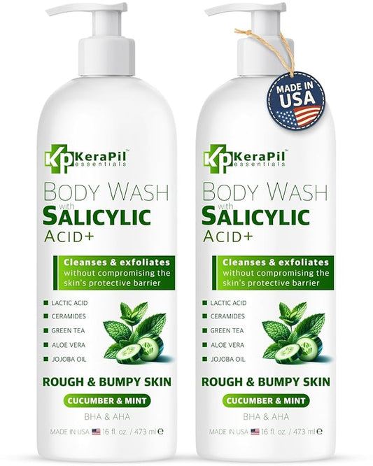Exfoliating Body Wash with Salicylic Acid - No Dry Out, Gentle Exfoliates Rough and Bumpy Skin, Body Acne Wash, BHA & AHA - Cucumber and Mint Salicylic Acid Body Wash - (16 fl oz x 2)