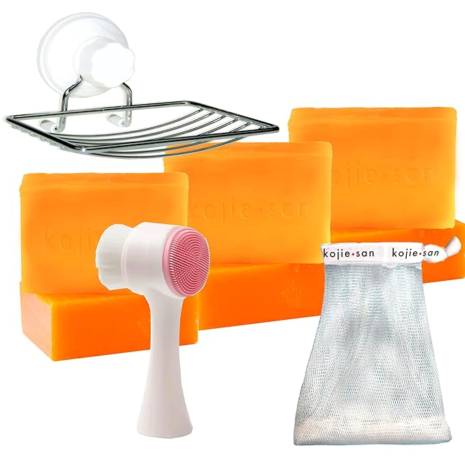 Kojie San Face & Body Skin Brightening Shower 9pc Set - the Original Kojic Acid Soap that Helps Reduce Dark Spots 6 x 135g Bars, Soap Dish and Facial Cleansing Brush…