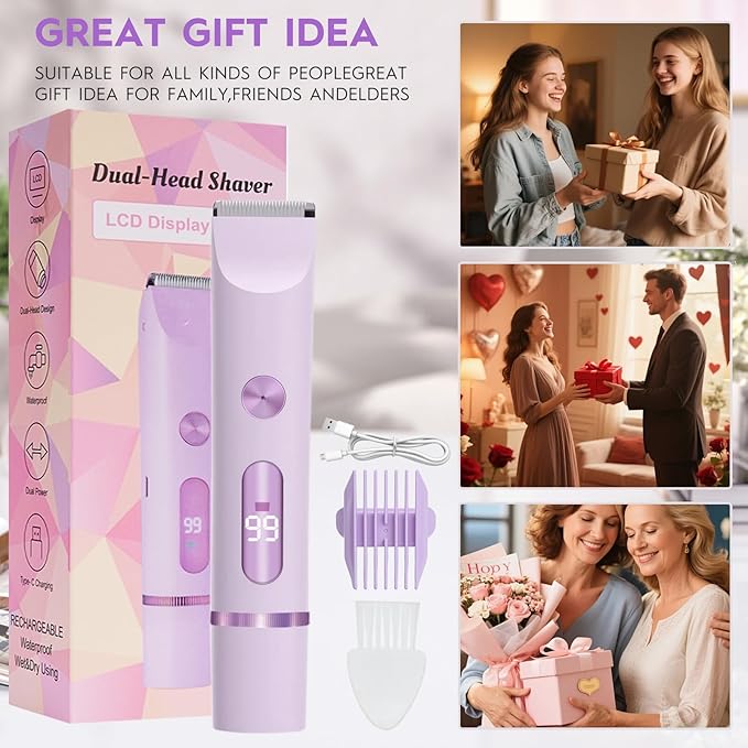 2025 Upgraded Dermave Bikini Shaver - 2 in 1 Bikini Trimmer for Women with LCD Display, Dual Head Cordless Electric Shaver, IPX7 Waterproof Wet/Dry Body Hair Trimmer for Face,Purple