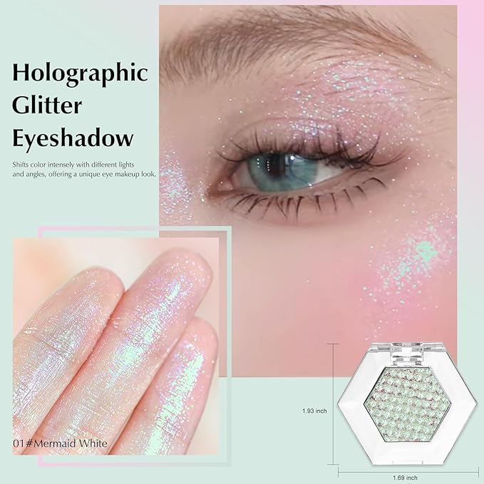 Mermaid Glitter Eyeshadow Palette, Multichrome Chameleon Cream Eye Shadow, Color Shifting White Eyeshadow Sparkling Holographic Shimmer Inner Corner Eye Brightener Highlighter Makeup