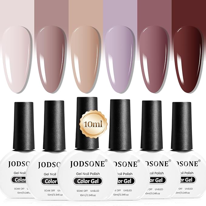 JODSONE 10ml Nude Pink Gel Nail Polish Set 6Colors Long Lasting Neutral Brown Red Purple Nail Polish Lacquer Glossy Art for Nail and Salon Need U V Lamp