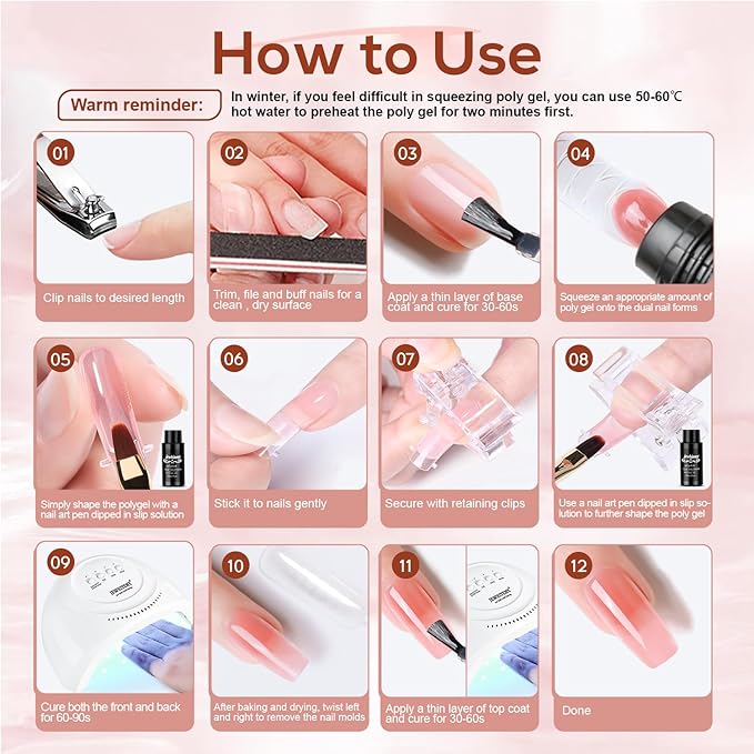 JEWHITENY Poly Extension Gel Kit With 48W LED Nail Lamp 14 Colors Builder Extension Gel All-in-One French Kit Nail Art Design Beginner Kit