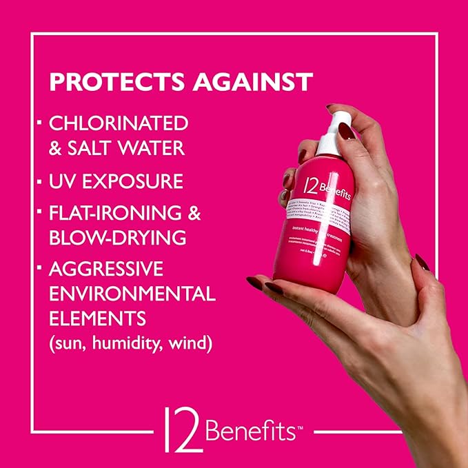 12 Benefits Leave-In Conditioner Spray – Instant Healthy Hair Treatment, Anti-Frizz, Detangles, Strengthens & Repairs, Heat Protection with Quaternium 39 & Silk Fibre Protein, 6 Fl Oz