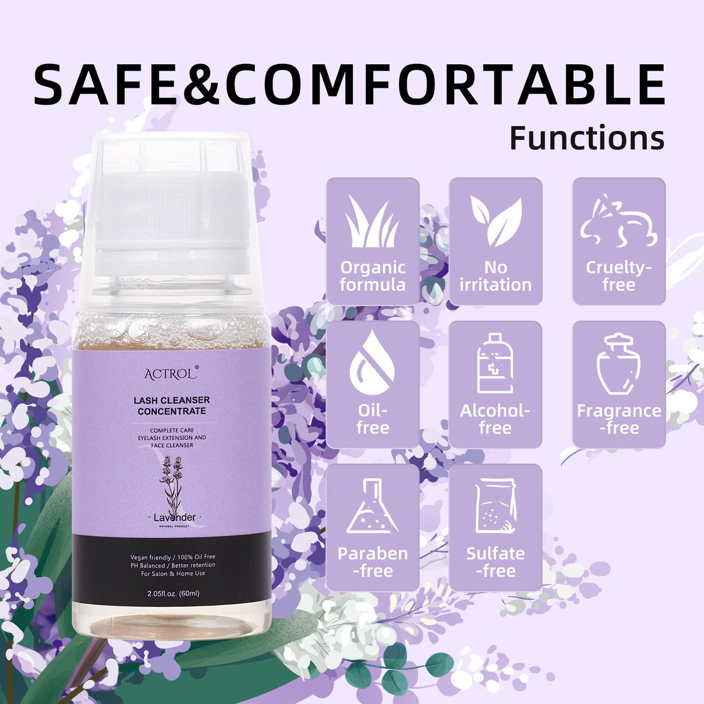 Eyelash Cleanser Concentrate 60ml Lavender Professional Lash Shampoo Foaming Cleanser DIY Wash for Extensions Lashes with Salon Home Care-Makes 12 Bottles