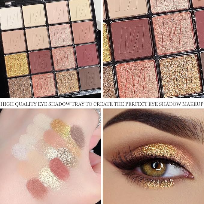 16 Colors Nude Champagne Gold Glitter Matte Shimmer Eyeshadow Palette for Eye Makeup,High Pigmented Brown Eye Shadow Primers Powder Palet de sombras de ojos
