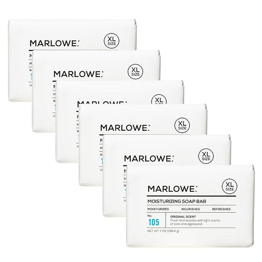 MARLOWE. No. 105 Bar Soap for Men 7 oz (6 Bars) Moisturizing Body Soap, Nourishing & Refreshing with Natural Extracts, Shea Butter, Olive Oil & Green Tea Extracts, Original Sage & Fir Scent