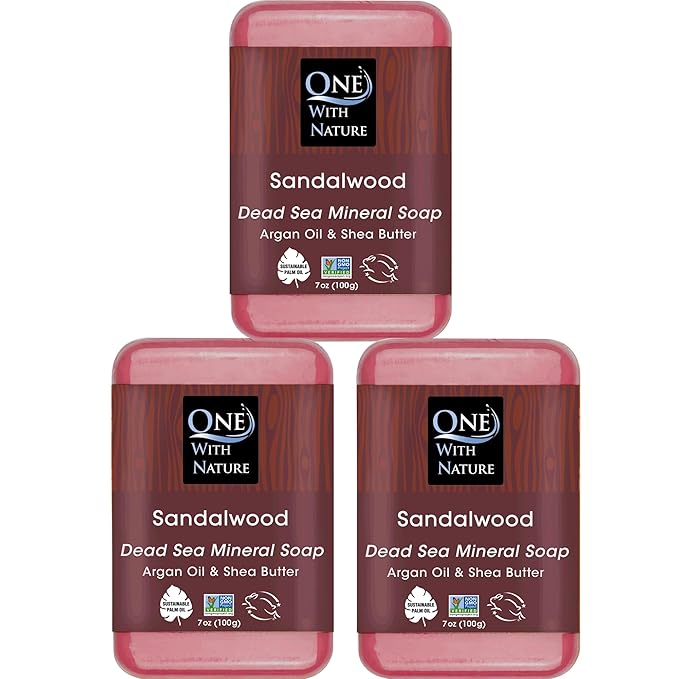 One With Nature Dead Sea Salt Sandalwood Soap 7oz 3-Pack – Purifying and Exfoliating Soap Bar with Dead Sea Minerals and Sandalwood for Face & Body, for Men & Women
