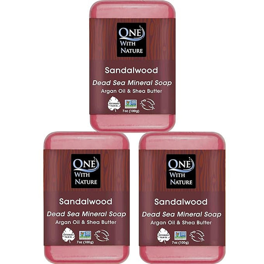 One With Nature Dead Sea Salt Sandalwood Soap 7oz 3-Pack – Purifying and Exfoliating Soap Bar with Dead Sea Minerals and Sandalwood for Face & Body, for Men & Women