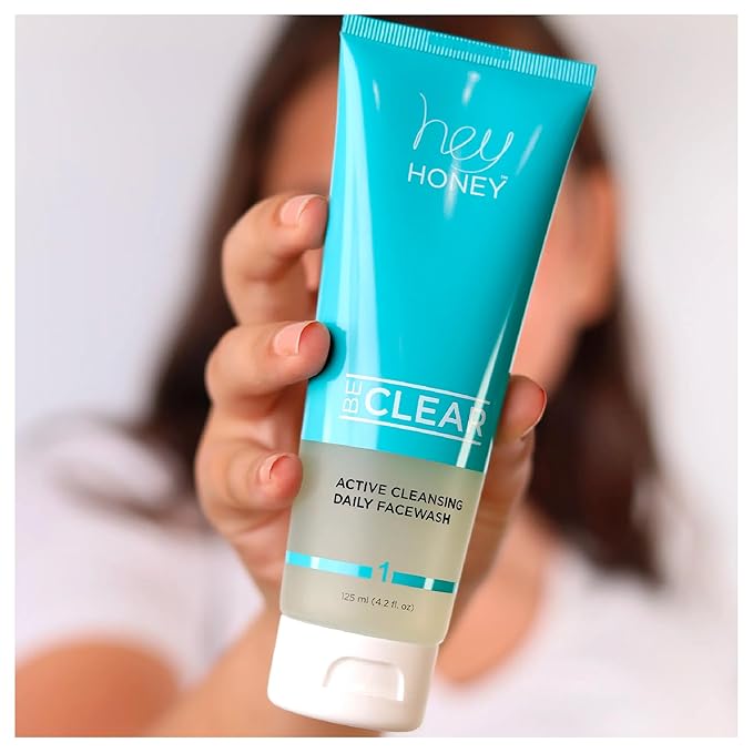 Hey Honey Skincare Be Clear Acne Routine | Daily Active Cleansing Face Wash | Youth & Young Adults, Blemishes Prone | Propolis & Gentle Exfoliating Acids | Fast & Long Lasting Oil Control | 5 fl oz