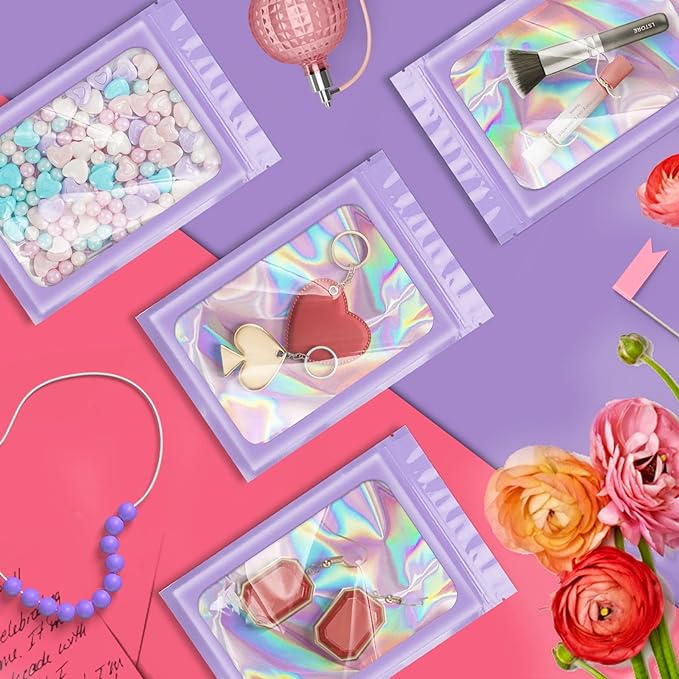 100 Pack Holographic Bags, Packaging Bags, Clear Window Resealable Odor Foil Pouch Bag for Food Storage and Lipgloss, Jewelry Lash (Purple, 4 x 6 Inch)