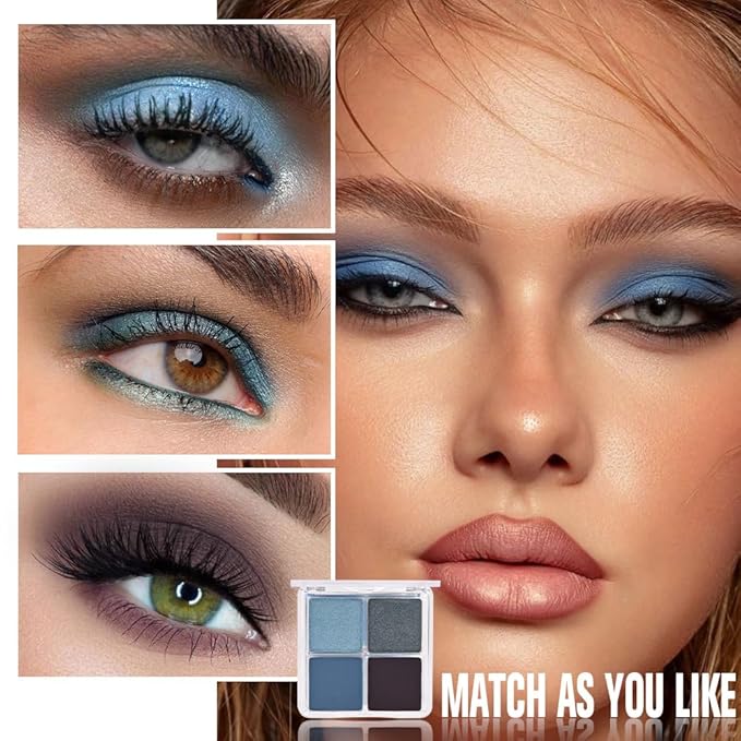 Powder Eyeshadow Quad, Blue Taupe Matte Shimmer Eye Shadow Palette Makeup, Neutral Vegan Eye Shadow Palette for Older Women Pigmented Waterproof, paleta de sombras de ojos, Blendable,13