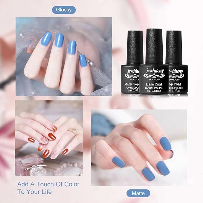 JEWHITENY 45PCS Gel Nail Polish Kit, 42 Colors 5ML Gel Polish Nude Gray Pink Blue Soak Off Glitter Nail Art Starter Kit Beauty Gifts Set for Women Girls Valentines Mother's Day Gift
