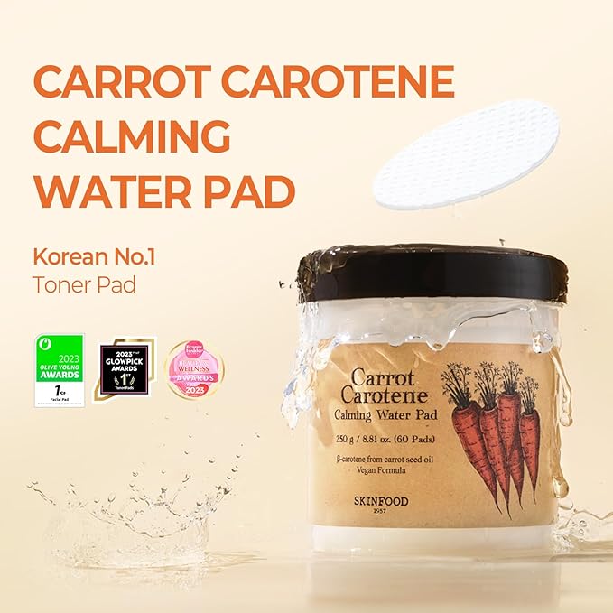 SKINFOOD Carrot Carotene Calming Water Toner Pads, Korean Skin Care Toner Pad for Face, Deep Hydrating, Soothing, After Sun Skincare for Sensitive Skin, Redness Relief, 100% Cotton, 8.81 oz (60 Pads)