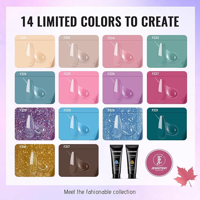 JEWHITENY Poly Gel Nail Kit 14 Colors - Yellow Nude Pink Blue Purple Glitter Tones Starter Kit with UV Lamp Base & Top Coat All-in-One Gift for Women Need U V Light Curing