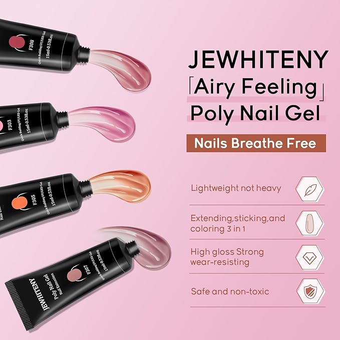 JEWHITENY Poly Extension Gel Nail Kit 14 PCS Poly Gel Kit with Slip Solution and Mini Lamp Nail Art Design Beginner