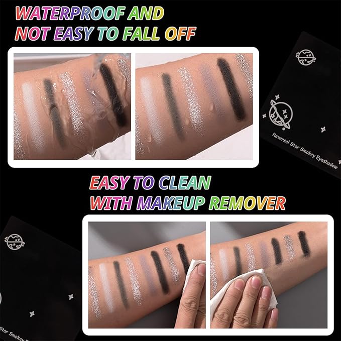 Erinde 9 Color Smokey Eyeshadow Palette, Highly Pigmented Matte & Glitter Shades,Black Silver Gray Eye Shadow Set for Halloween Makeup, Long-Lasting, Waterproof & Blendable, Reversal Star Smokey