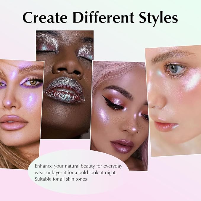 Pink Glitter Eyeshadow Palette, Multichrome Chameleon Cream to Powder Eye Shadow, Color Shifting Holographic Eyeshadow Shimmer Inner Corner Eye Brightener Highlighter Makeup