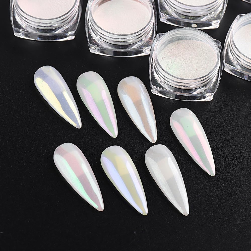 7 Colors Pearl Chrome Nail Powder,Aurora Mermaid Iridescent Powder Set, Metallic Mirror Effect Glitters Pigment for Gel Polish Nail Art Decorations