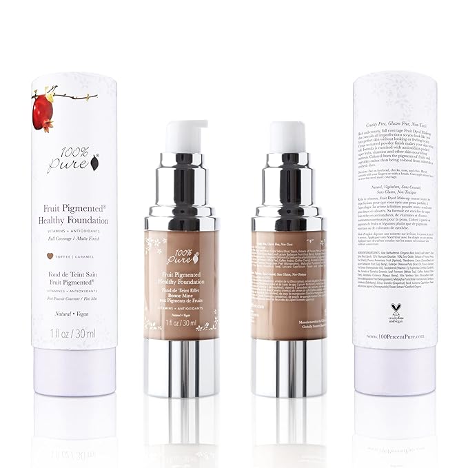 100% PURE Healthy Foundation Full Face Coverage Makeup, Liquid Matte Finish with Anti-Aging Benefits - Vegan Gorgeous Fruit Pigmented Toffee Color (Tan with Neutral Undertone) - 1 Fl Oz