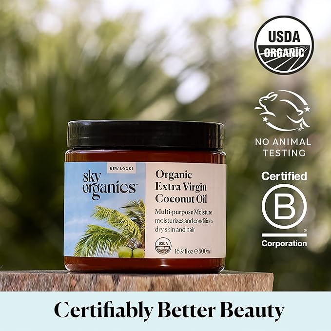 Sky Organics - Organic Coconut Oil for Skin & Hair, 16.9 fl oz - Multipurpose Hair Oil & Body Moisturizer - Vitamins, Antioxidants & Fatty Acids - Vegan, Cruelty Free - Extra Virgin, w ebook